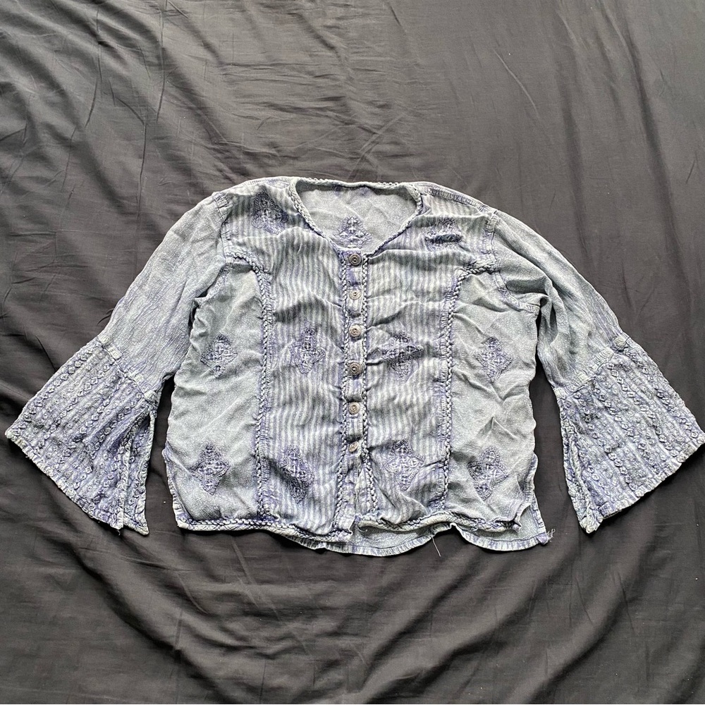 Light Blue Embroidered Button-Front Women's Top